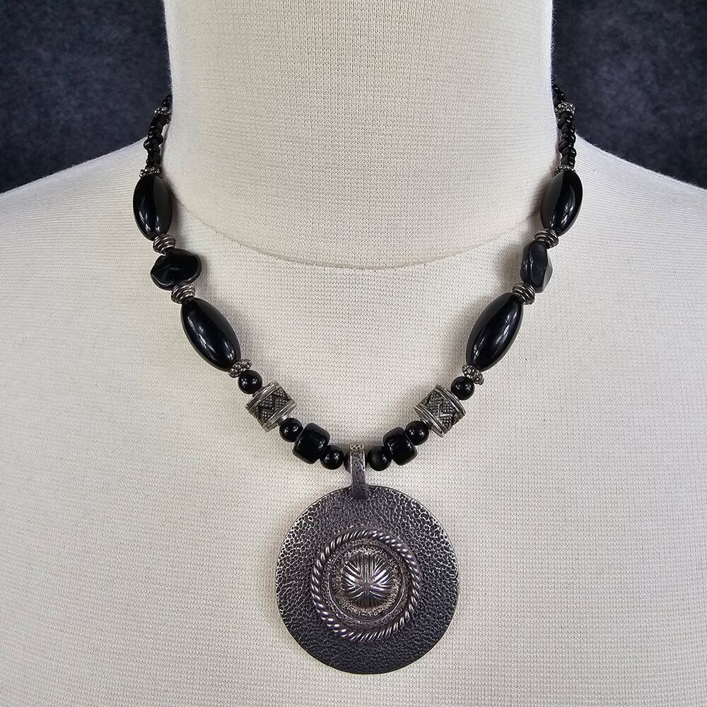 Bohemian Statement Necklace Black Beaded Silver Tone Round Textured Pendant